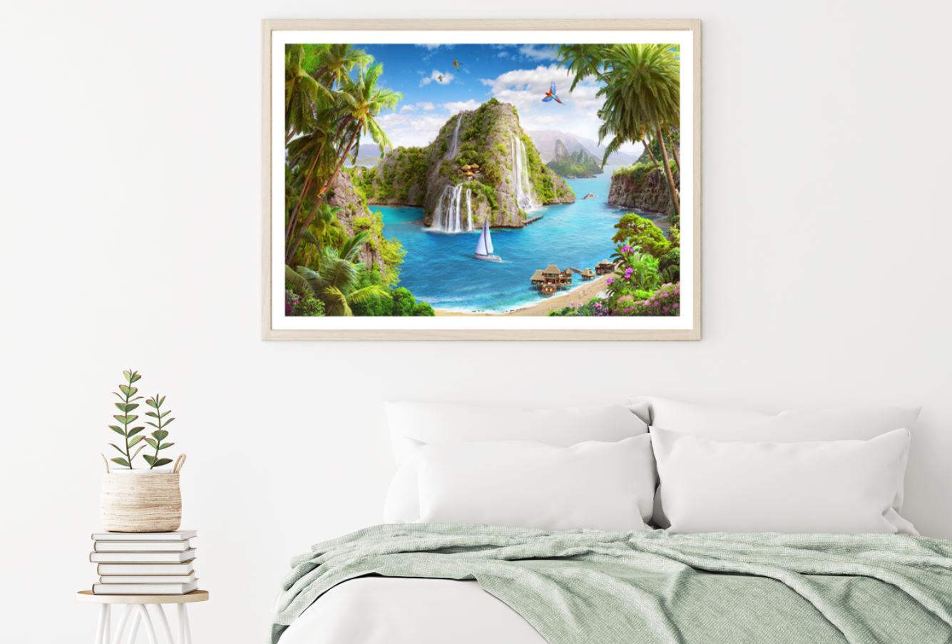 Mountain with Waterfall & Sea Home Decor Premium Quality Poster Print Choose Your Sizes