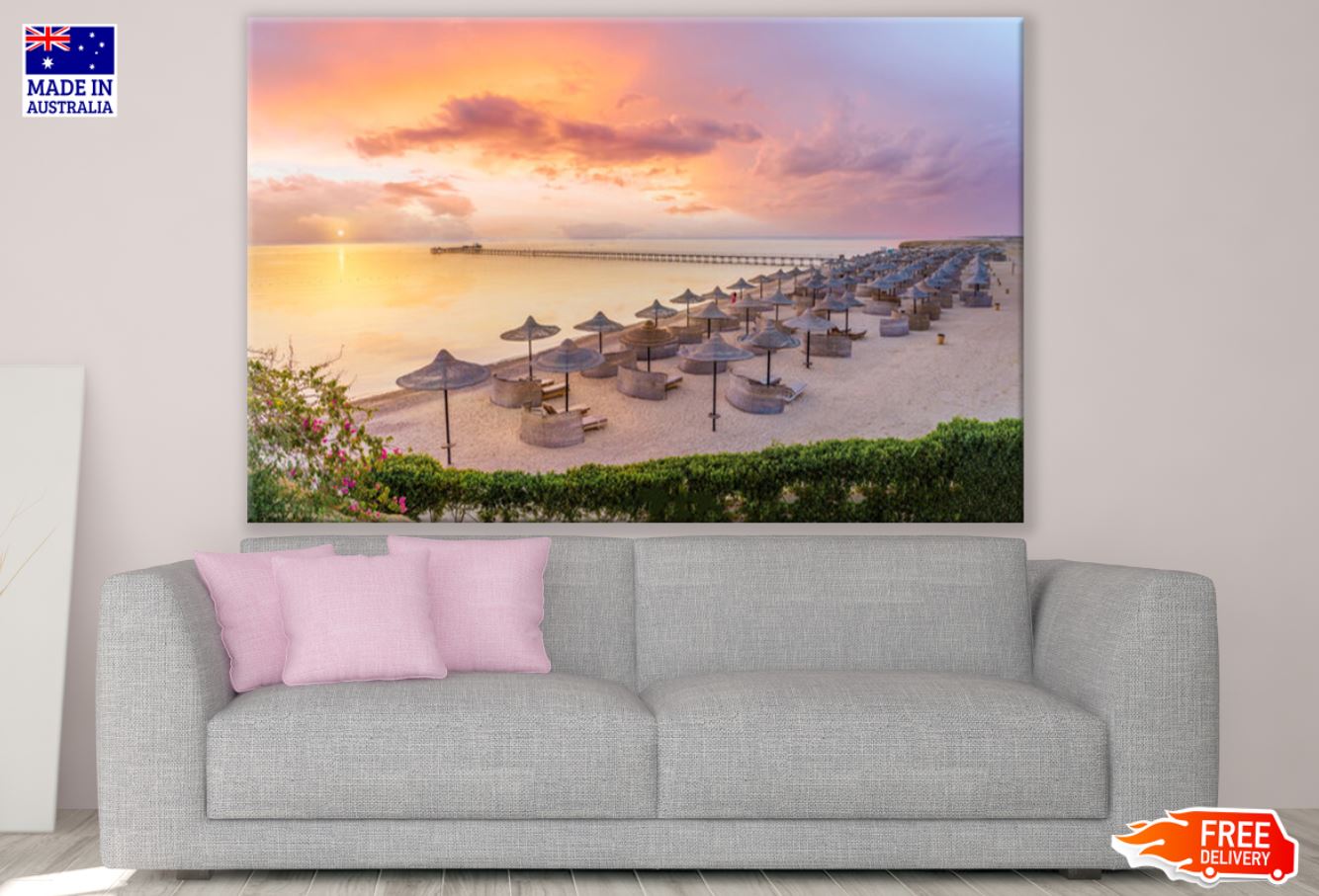 Beach Huts on Sea Shore Sunset Print 100% Australian Made