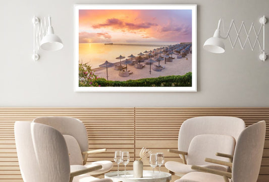 Beach Huts on Sea Shore Sunset Home Decor Premium Quality Poster Print Choose Your Sizes