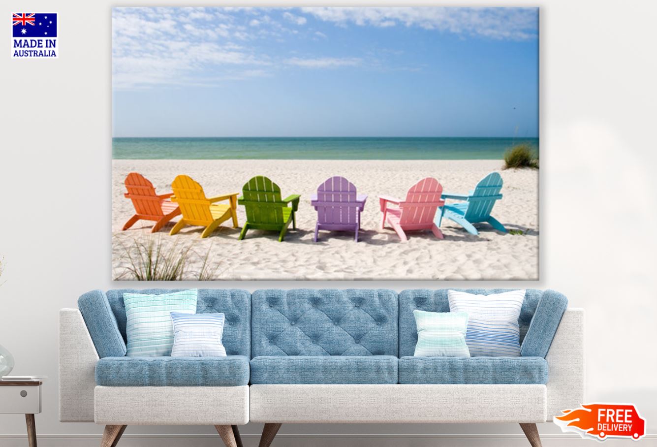 Colorful Chairs on Sea Shore Print 100% Australian Made