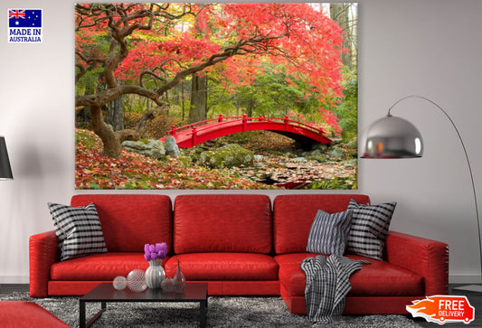 Red Bridge Over Pond in Forest Print 100% Australian Made