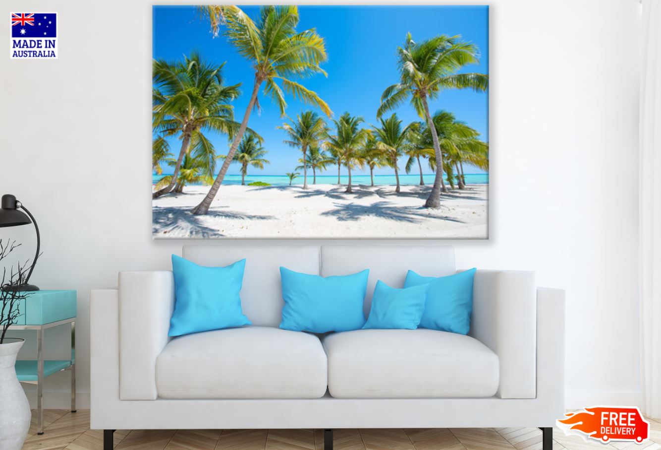 Palm Tress on Sand Near Sea View Print 100% Australian Made