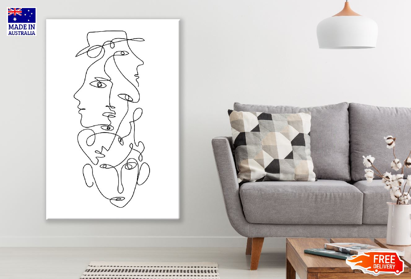 Human Faces Abstract B&W Line Art Design Print 100% Australian Made