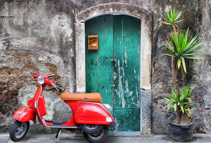 Red Bike Near Wall Photograph Home Decor Premium Quality Poster Print Choose Your Sizes