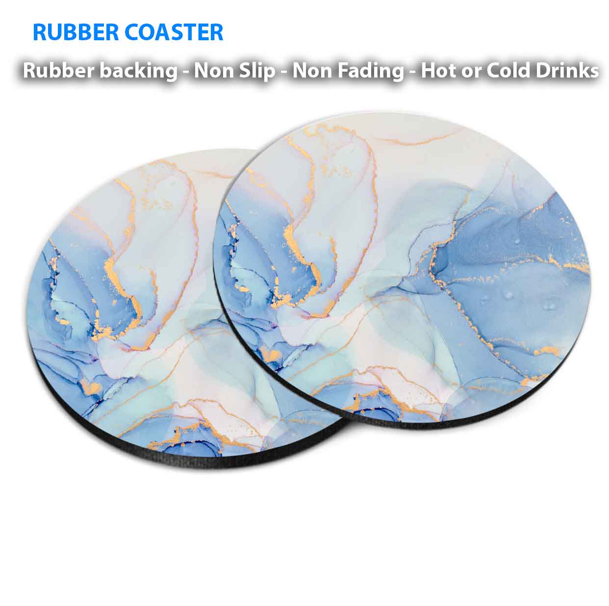 Blue White & Gold Splash Abstract Coasters Wood & Rubber - Set of 6 Coasters