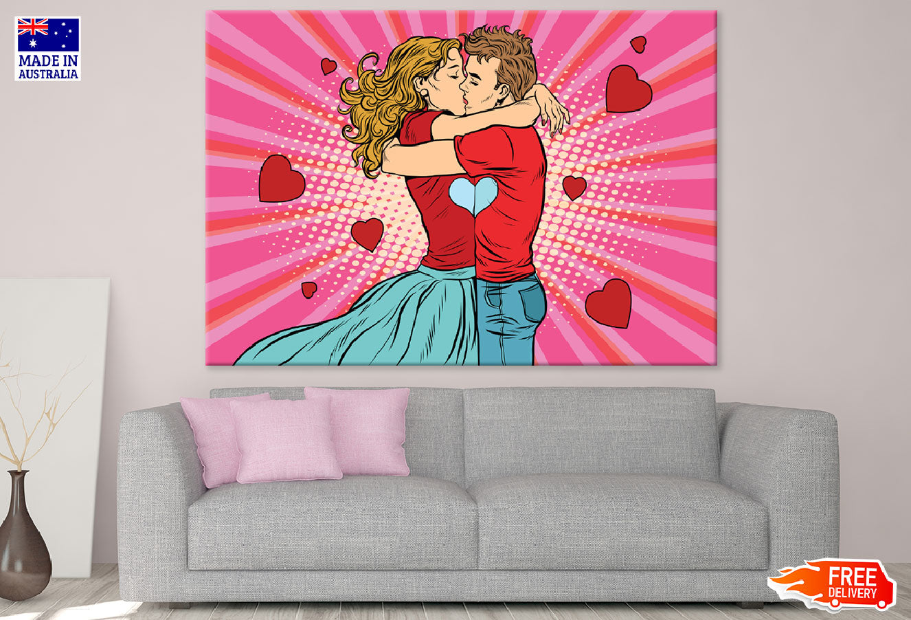 Couple Kissing Heart Shapes Illustration Print 100% Australian Made