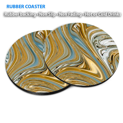 Gold Grey Blue Fluid Abstract Coasters Wood & Rubber - Set of 6 Coasters