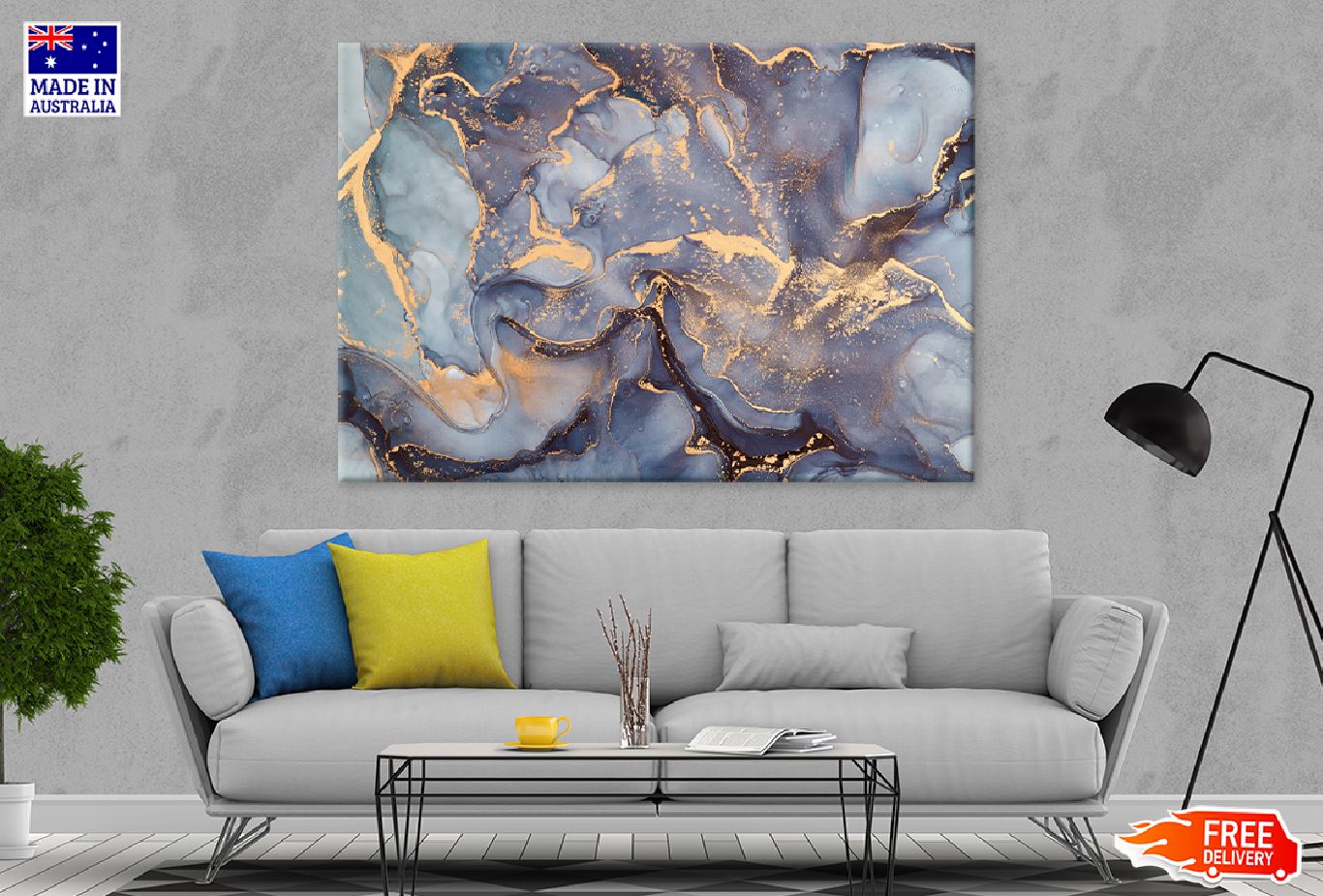 Grey Blue & Gold Abstract Design Print 100% Australian Made