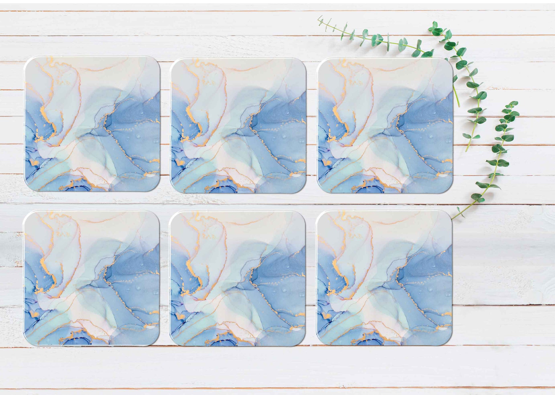 Blue White & Gold Splash Abstract Coasters Wood & Rubber - Set of 6 Coasters