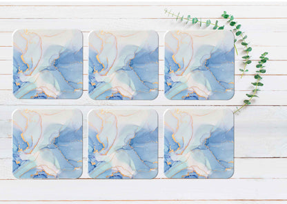 Blue White & Gold Splash Abstract Coasters Wood & Rubber - Set of 6 Coasters