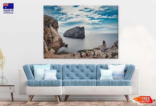 Girl Sitting near Rocky Sea Shore Photograph Print 100% Australian Made
