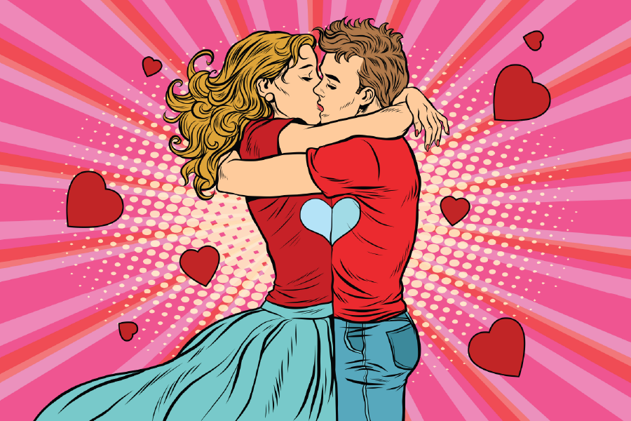 Couple Kissing Heart Shapes Illustration Print 100% Australian Made
