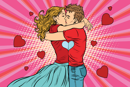 Couple Kissing Heart Shapes Illustration Print 100% Australian Made