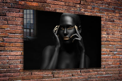 Black Woman Gold Makeup Print Tempered Glass Wall Art 100% Made in Australia Ready to Hang