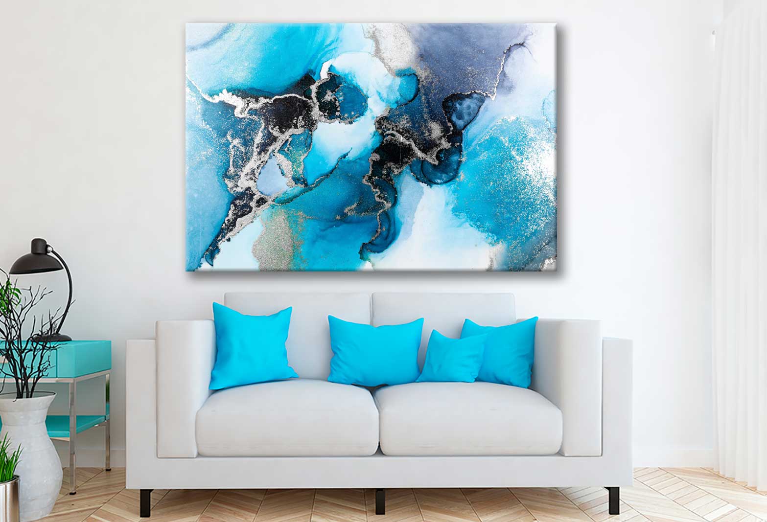 Bella Home Black Blue & Silver Abstract Ink Print Canvas Ready to hang