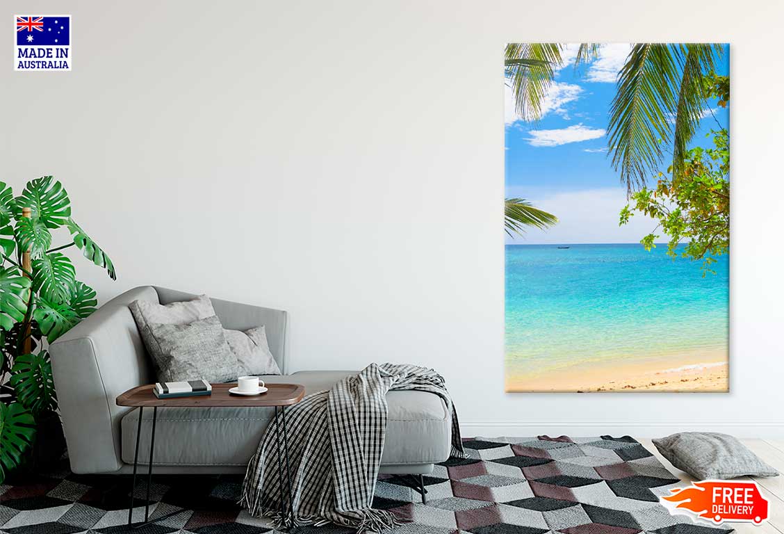 Palm Trees & Leaves with Sandy Beach View Print 100% Australian Made