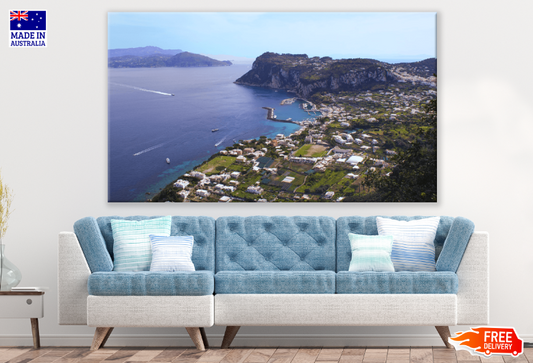 City & Boat Ride On Sea Aerial View Print 100% Australian Made