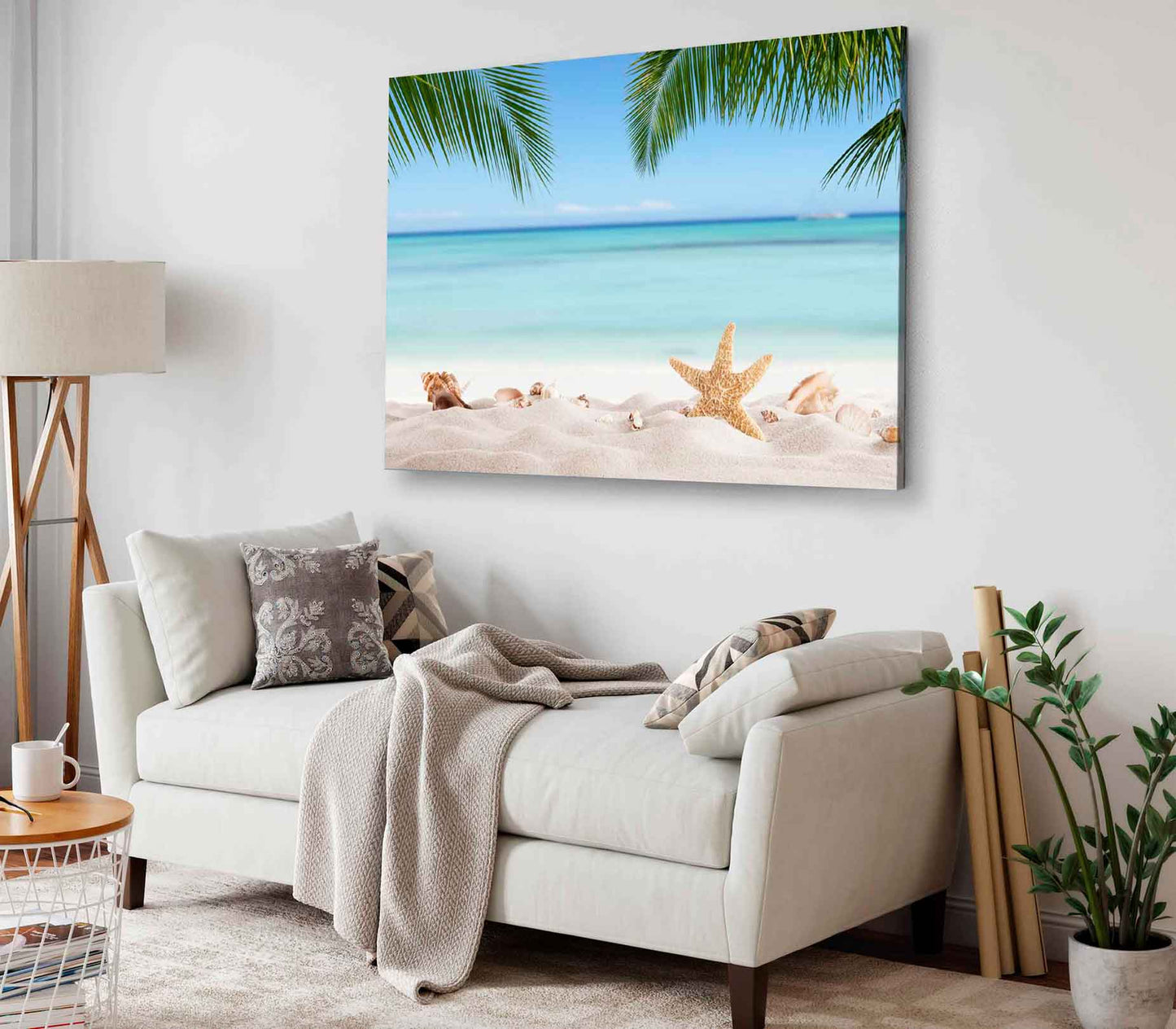 Bella Home Sea Shells Sand With Palm Leaves Print Canvas Ready to hang