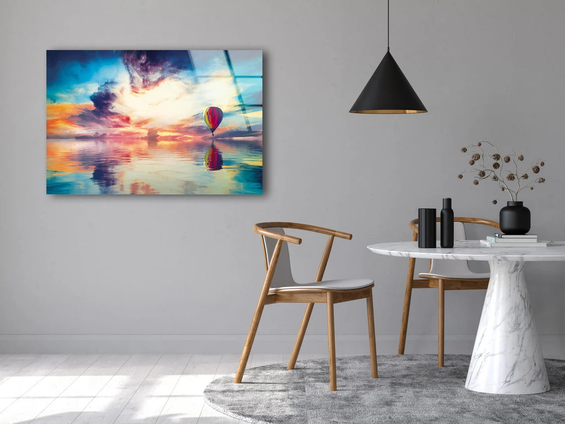 Hot Air Balloon Over Lake Sunset Scenery Photograph Acrylic Glass Print Tempered Glass Wall Art 100% Made in Australia Ready to Hang