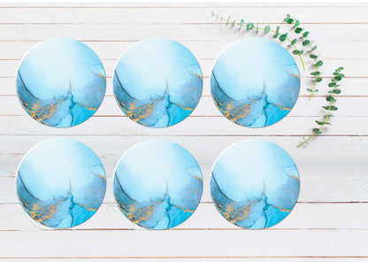 Blue Gold Splash Marble Ink Abstract Coasters Wood & Rubber - Set of 6 Coasters