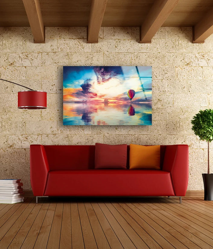 Hot Air Balloon Over Lake Sunset Scenery Photograph Acrylic Glass Print Tempered Glass Wall Art 100% Made in Australia Ready to Hang