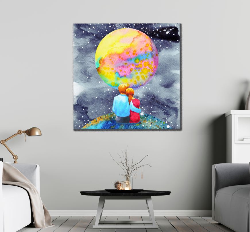 Square Canvas Couple & Planet Colorful Painting High Quality Print 100% Australian Made