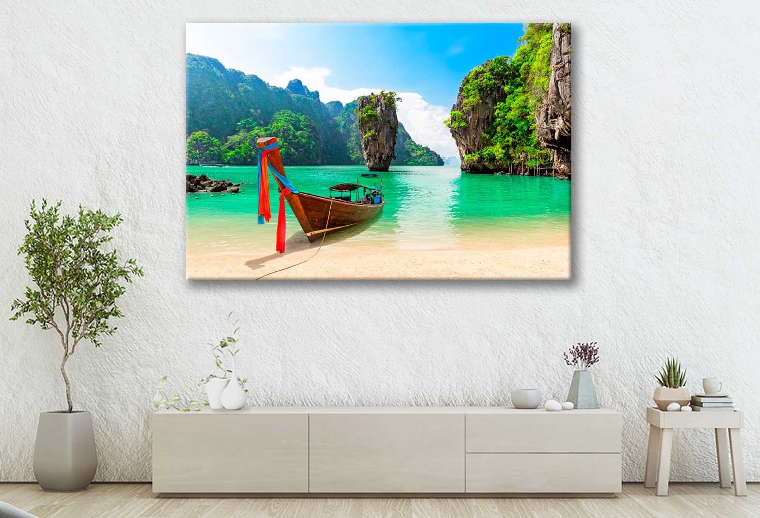 Bella Home Wooden Boat & Sand Beach Island Print Canvas Ready to hang
