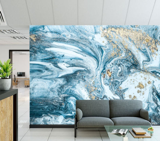 Wallpaper Murals Peel and Stick Removable Blue White & Gold Abstract Design High Quality