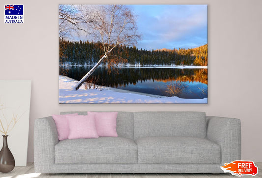 Snow Covered Forest with Lake Sunset Photograph Print 100% Australian Made