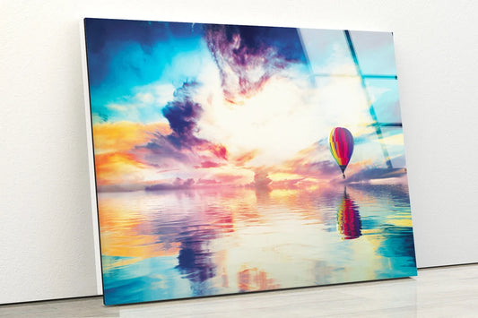 Hot Air Balloon Over Lake Sunset Scenery Photograph Acrylic Glass Print Tempered Glass Wall Art 100% Made in Australia Ready to Hang