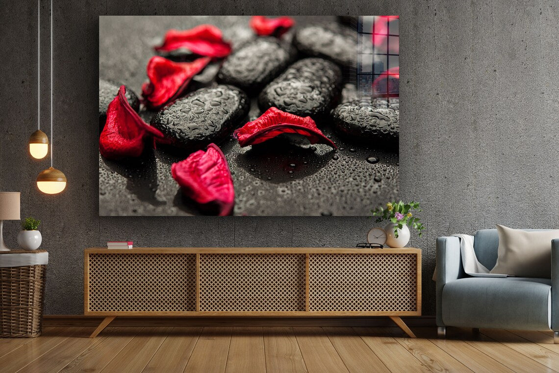 Stones & Rose Petals Print Tempered Glass Wall Art 100% Made in Australia Ready to Hang