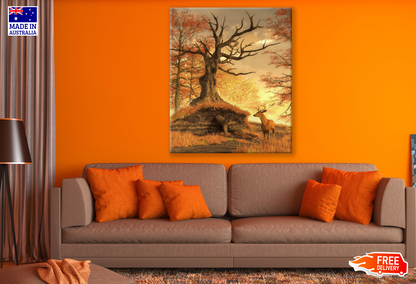 Tree & Deer in Sunset Painting Print 100% Australian Made