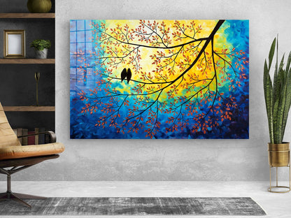 Birds on Tree Painting Print Tempered Glass Wall Art 100% Made in Australia Ready to Hang