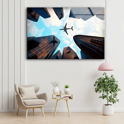 Plane Over Buildings Beneath View Photograph Acrylic Glass Print Tempered Glass Wall Art 100% Made in Australia Ready to Hang