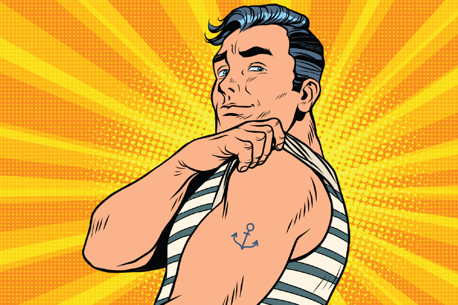 Man Showing Anchor Tattoo on Arm Illustration Print 100% Australian Made