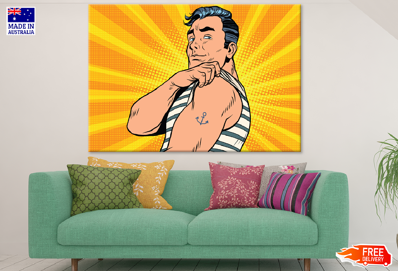 Man Showing Anchor Tattoo on Arm Illustration Print 100% Australian Made