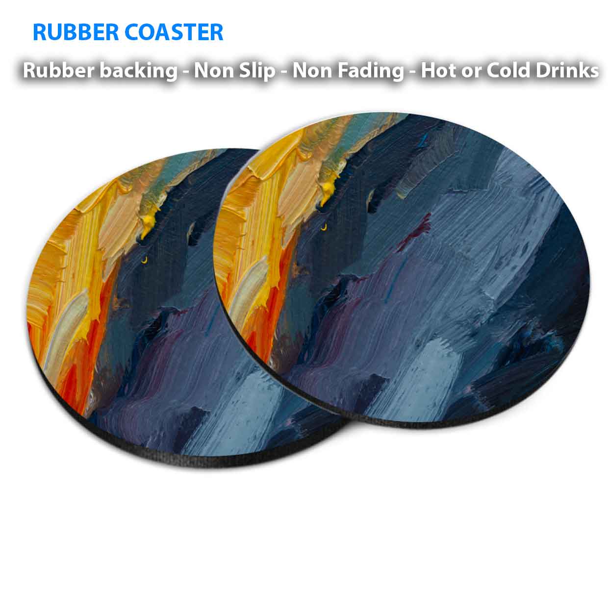 Orange Yellow Navy Blue Brush Strokes Coasters Wood & Rubber - Set of 6 Coasters