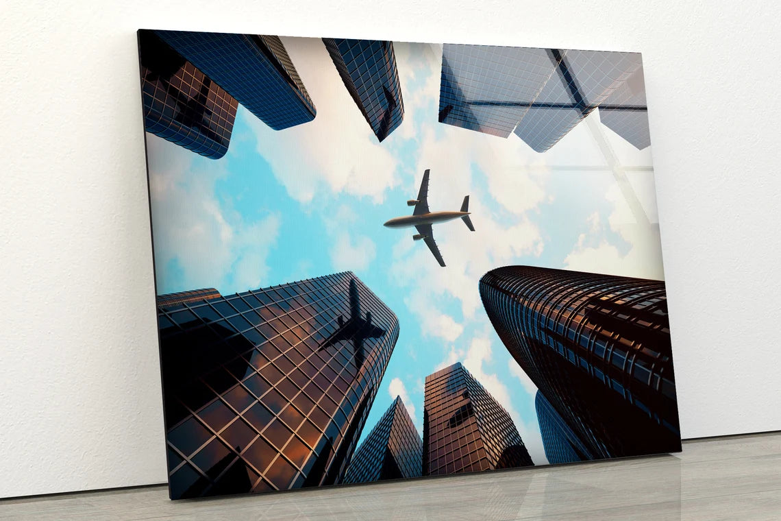 Plane Over Buildings Beneath View Photograph Acrylic Glass Print Tempered Glass Wall Art 100% Made in Australia Ready to Hang