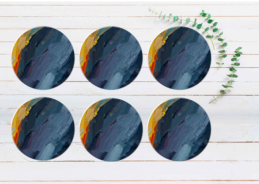 Orange Yellow Navy Blue Brush Strokes Coasters Wood & Rubber - Set of 6 Coasters