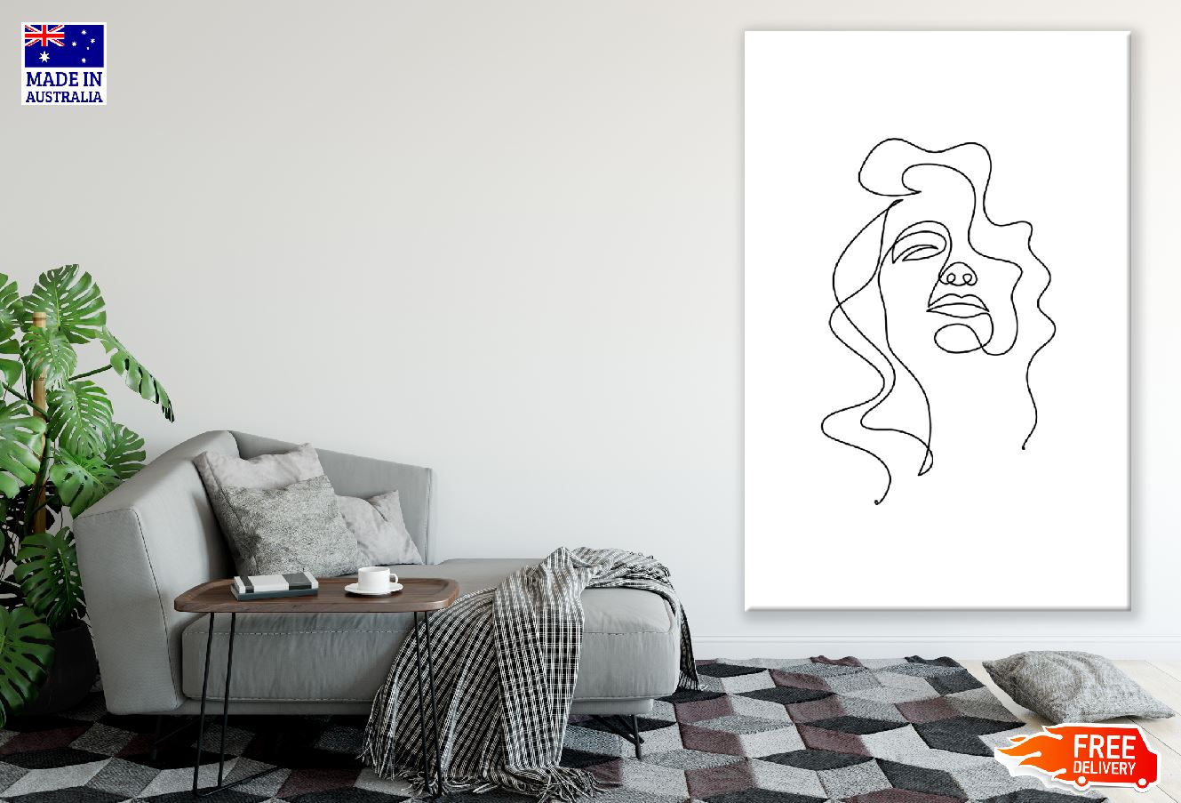 Girl Face with Hair B&W Line Art Design Print 100% Australian Made