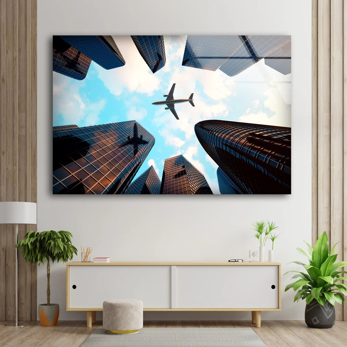 Plane Over Buildings Beneath View Photograph Acrylic Glass Print Tempered Glass Wall Art 100% Made in Australia Ready to Hang