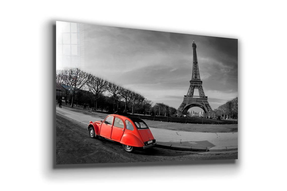 Red Car & Eiffel Tower Print Tempered Glass Wall Art 100% Made in Australia Ready to Hang