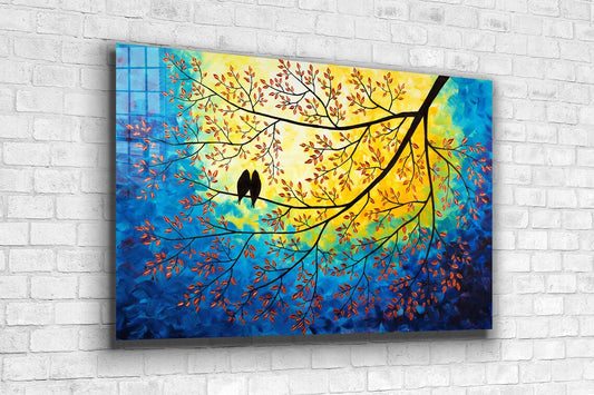 Birds on Tree Painting Print Tempered Glass Wall Art 100% Made in Australia Ready to Hang