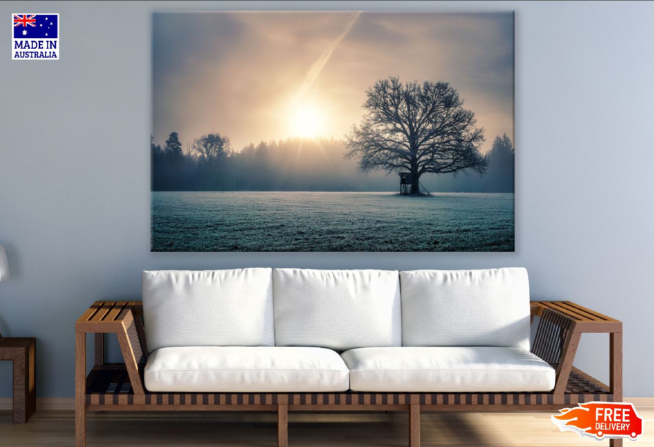 Tree on Snow Field Sunlight Photograph Print 100% Australian Made