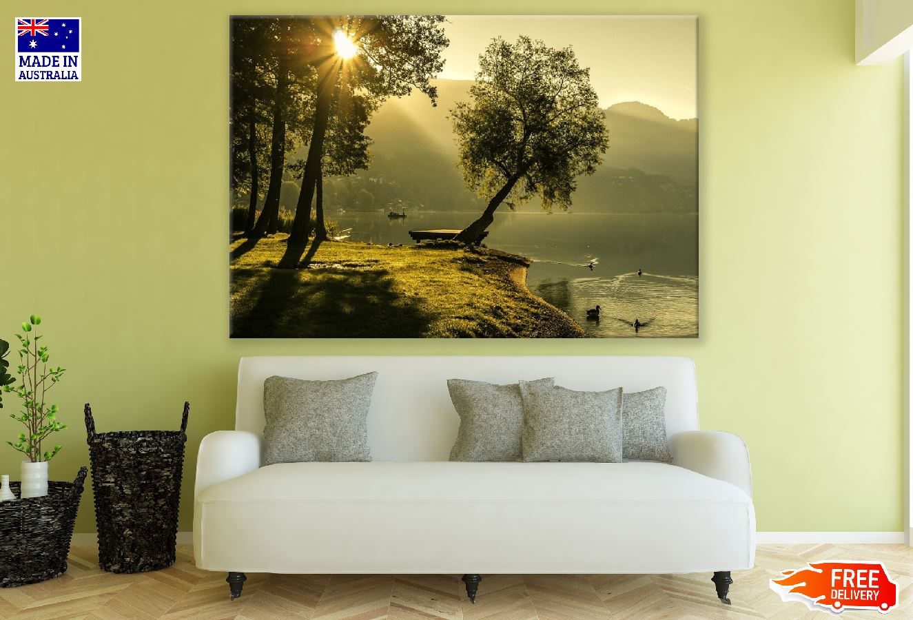 Trees & Lake with Boat Sunset Photograph Print 100% Australian Made