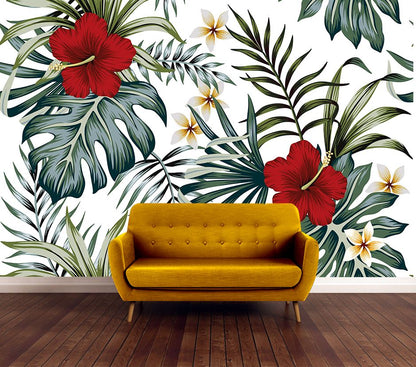 Wallpaper Murals Peel and Stick Removable Leaf & Red Flowers Design High Quality