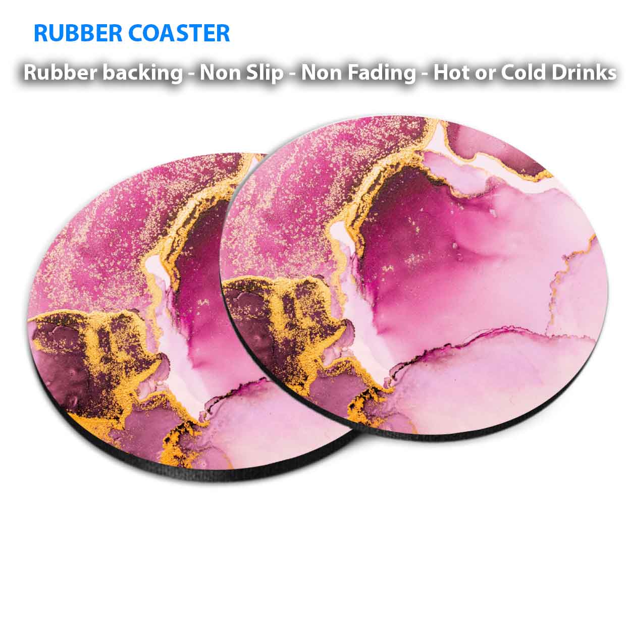 Pink Gold Splash Marble Ink Abstract Coasters Wood & Rubber - Set of 6 Coasters