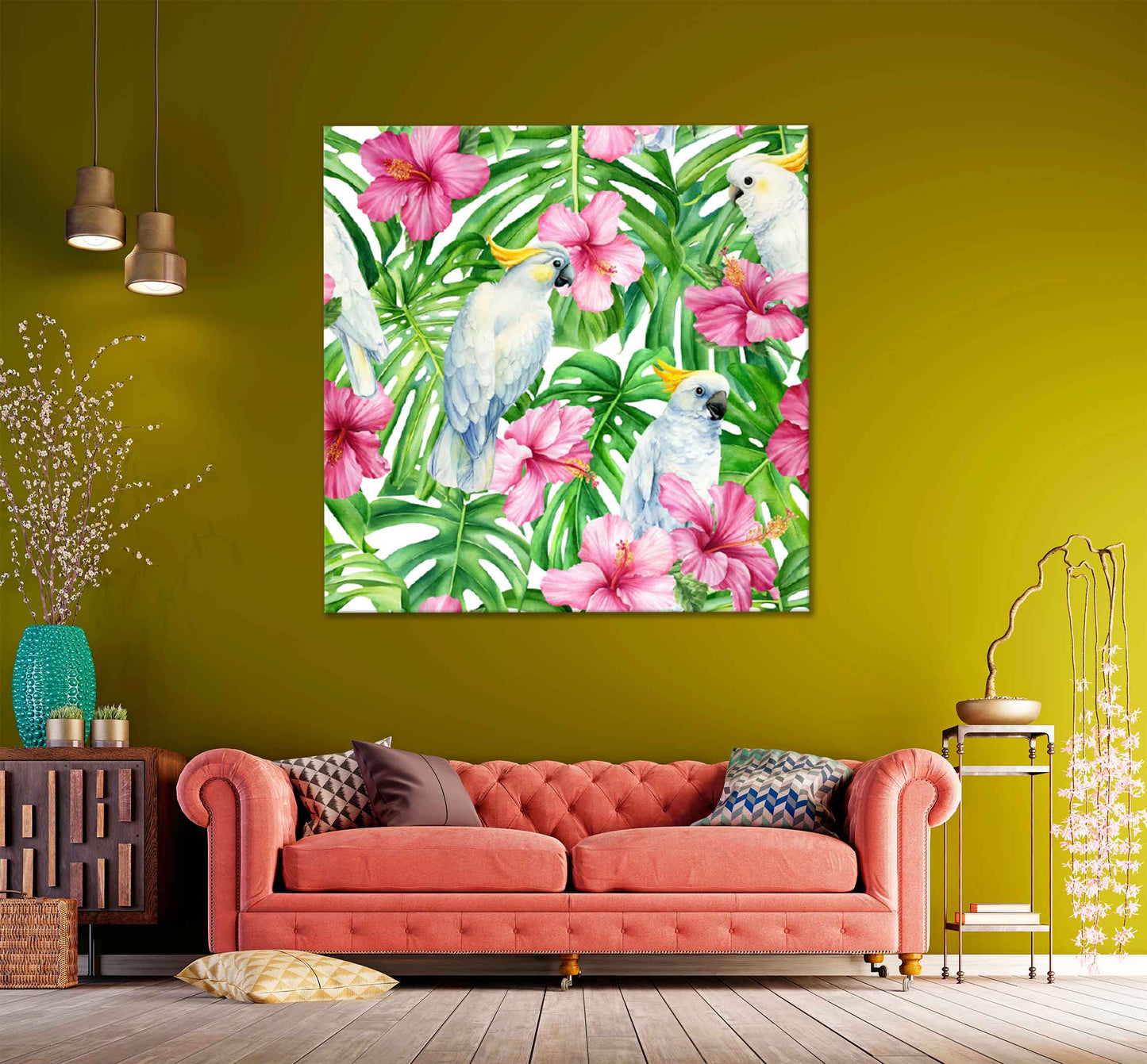 Square Canvas Hibiscus & White Parrot Vector Design High Quality Print 100% Australian Made