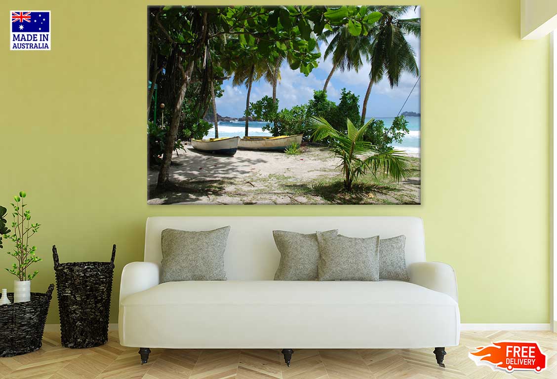 Boats & Palm Trees on Sea Shore Photograph Print 100% Australian Made