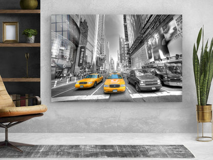 Yellow Taxi B&W City Print Tempered Glass Wall Art 100% Made in Australia Ready to Hang